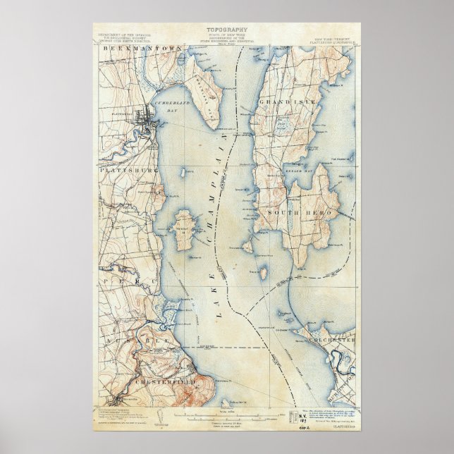 Póster Mapa Topográfico de Vintage Plattsburgh Nova York (Frente)
