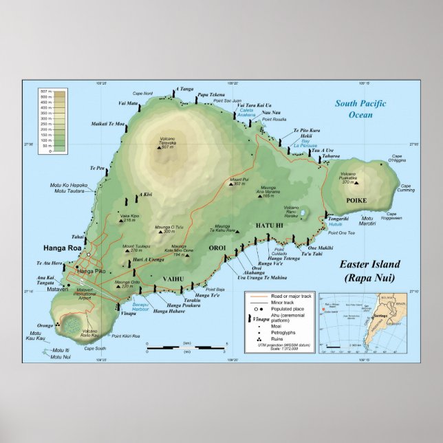 Póster Mapa Topográfico Detalhado da Ilha de Páscoas (Frente)