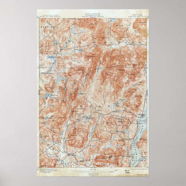 Poster Mapa Topográfico do Lago Vintage Schroon em Nova I (Frente)