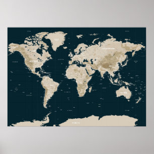 Poster Mapa Topográfico do Mundo em Tan