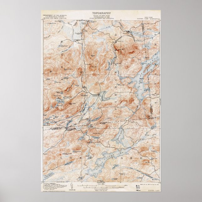 Póster Mapa Topográfico do Vintage TTop Lake New York (Frente)