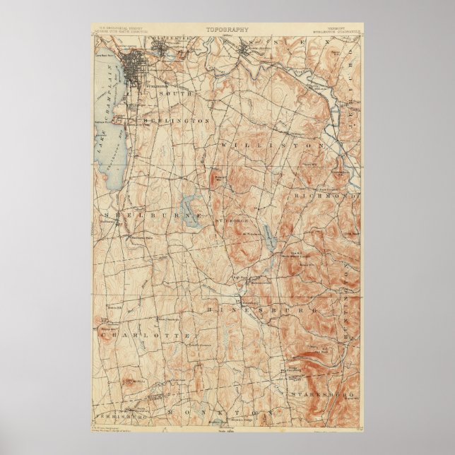 Poster Mapa Topográfico Vintage Burlington Vermont (1904) (Frente)