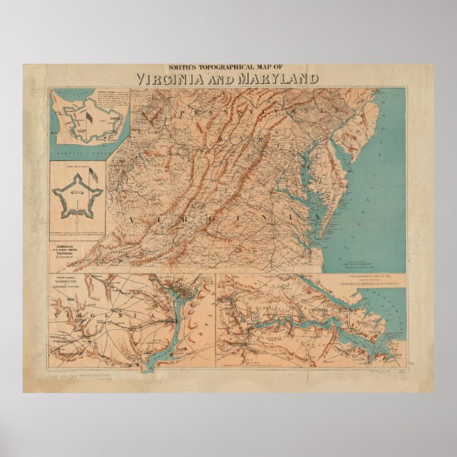 Poster Mapa Topográfico Vintage da Virgínia (1892) (Frente)
