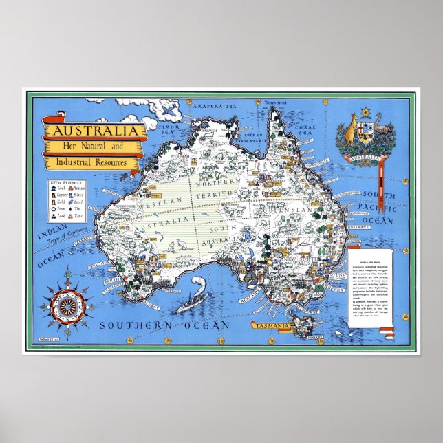 Póster Mapa turístico do vintage australiano (Frente)