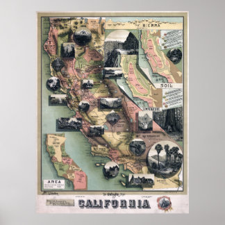 Poster Mapa Único da Califórnia (1888)