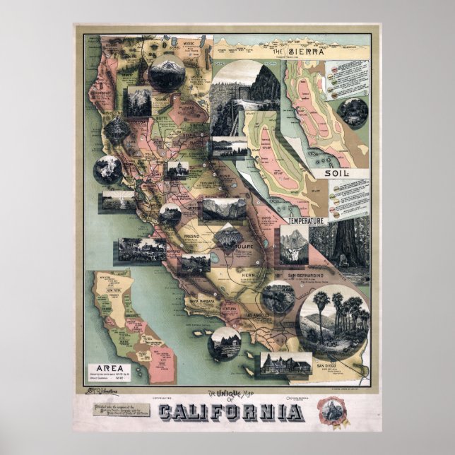 Poster Mapa Único da Califórnia (1888) (Frente)