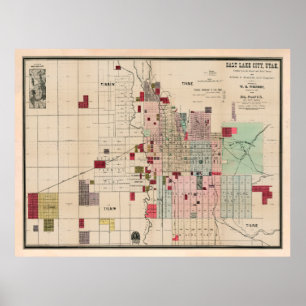 Poster Mapa UT (1889) Vintage SLC Utah, Cidade de Salt La