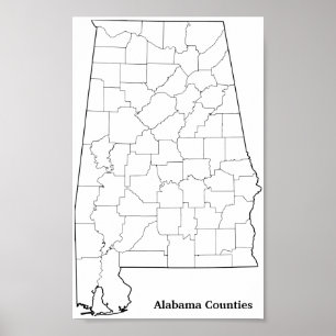 Póster Mapa vazio do esboço dos condados de Alabama