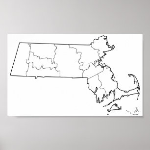 Póster Mapa vazio do esboço dos condados de Massachusett