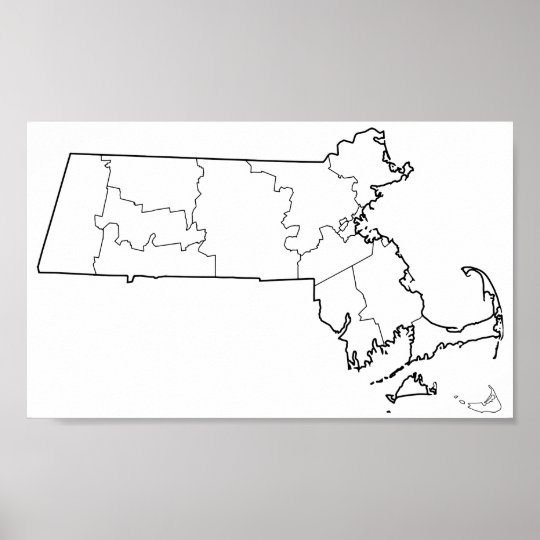 Póster Mapa vazio do esboço dos condados de Massachusetts
