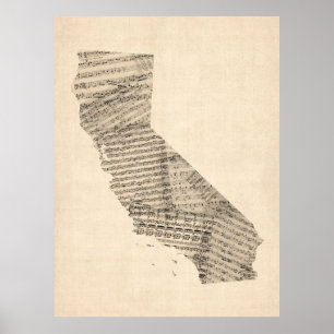 Póster Mapa velho da partitura de Califórnia