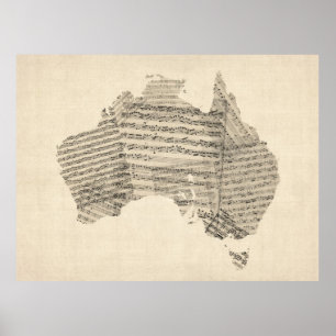 Póster Mapa velho da partitura do mapa de Austrália