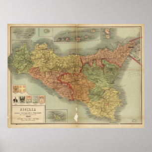 Póster Mapa velho de Sicília desde 1900 (carta de