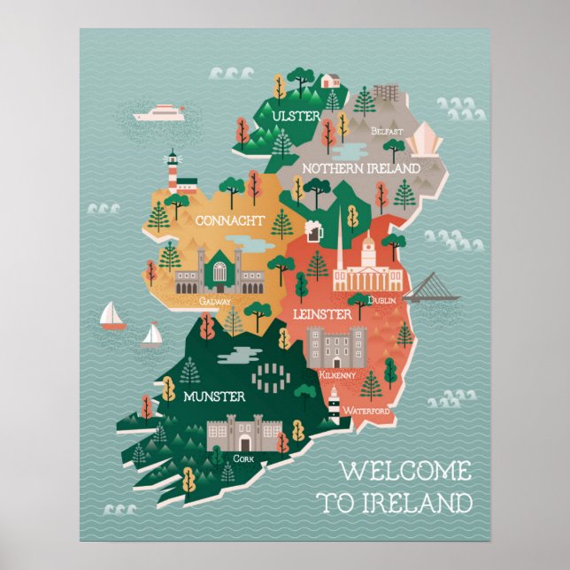 Póster Mapa viagem da Irlanda | Marcas e cidades (Frente)