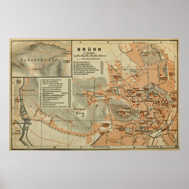 Poster Mapa Vintage BRNO República Checa (1911) (Frente)