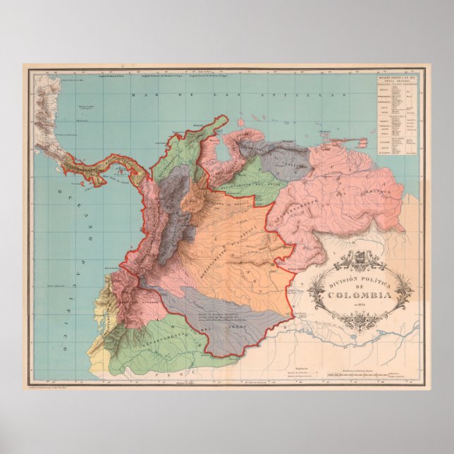 Poster Mapa Vintage Colômbia (1890) (Frente)