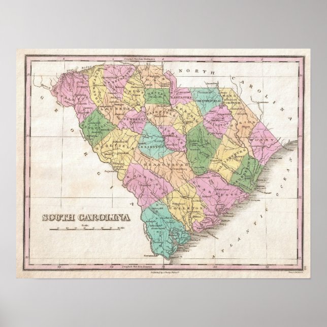 Póster Mapa Vintage da Carolina do Sul (1827) (Frente)