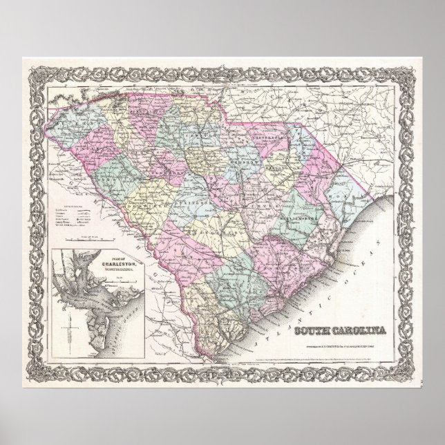 Poster Mapa Vintage da Carolina do Sul (1855) (Frente)