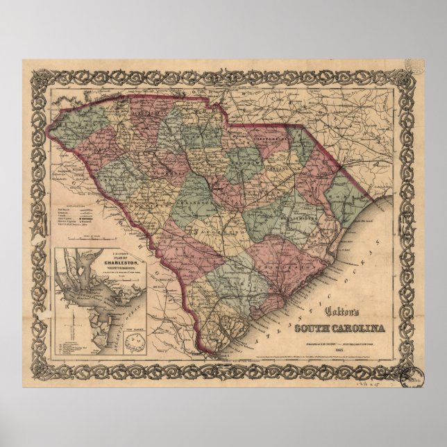 Póster Mapa Vintage da Carolina do Sul (1865) (Frente)