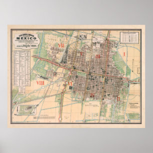 Poster Mapa Vintage da Cidade do México (1886)