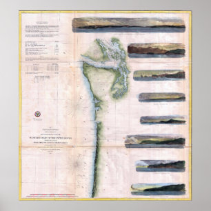 Póster Mapa Vintage da Costa de Washington e Oregon (1855