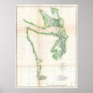 Poster Mapa Vintage da Costa de Washington e Oregon (1857