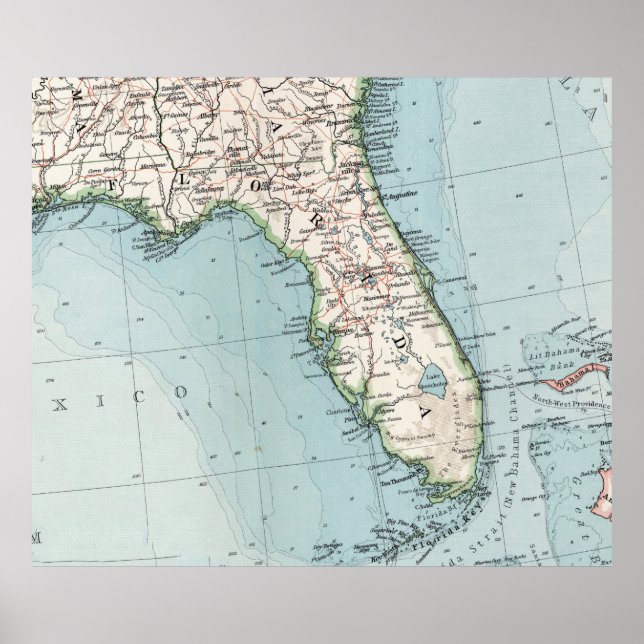 Póster Mapa Vintage da Flórida (1900) (Frente)