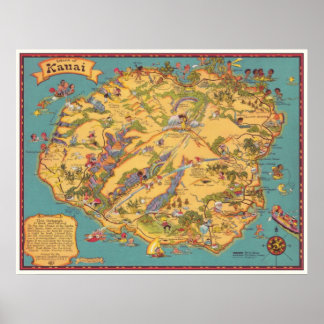 Póster Mapa Vintage da Ilha de Kauai