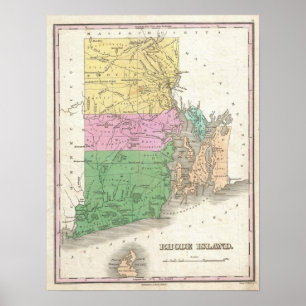 Poster Mapa Vintage da Ilha Rhode (1827)