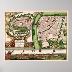Poster Mapa Vintage da República Checa de Praga (1730)