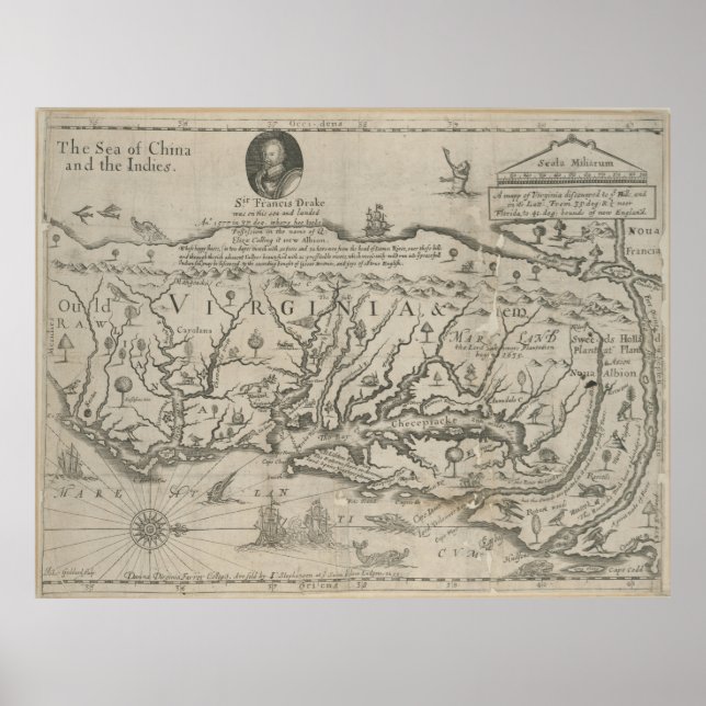 Poster Mapa Vintage da Virgínia (1651) (Frente)