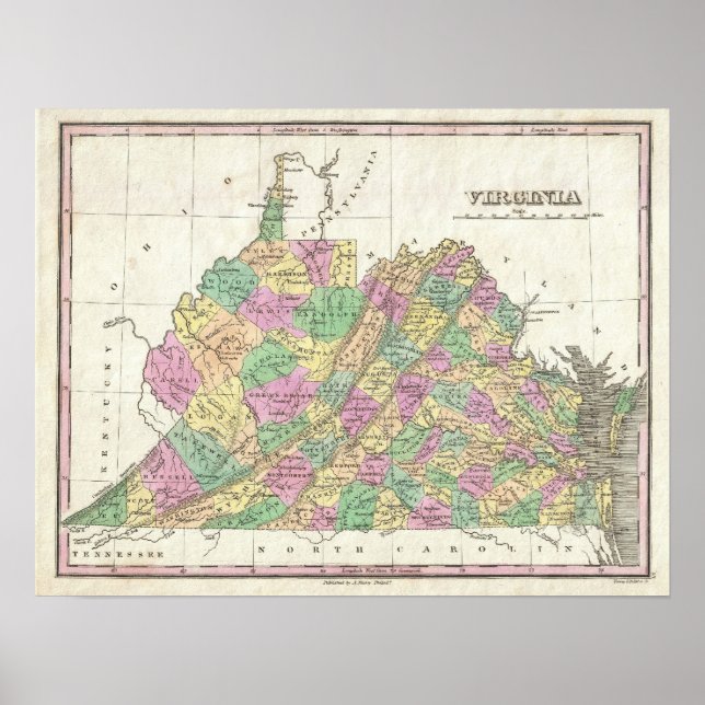Poster Mapa Vintage da Virgínia (1827) (Frente)