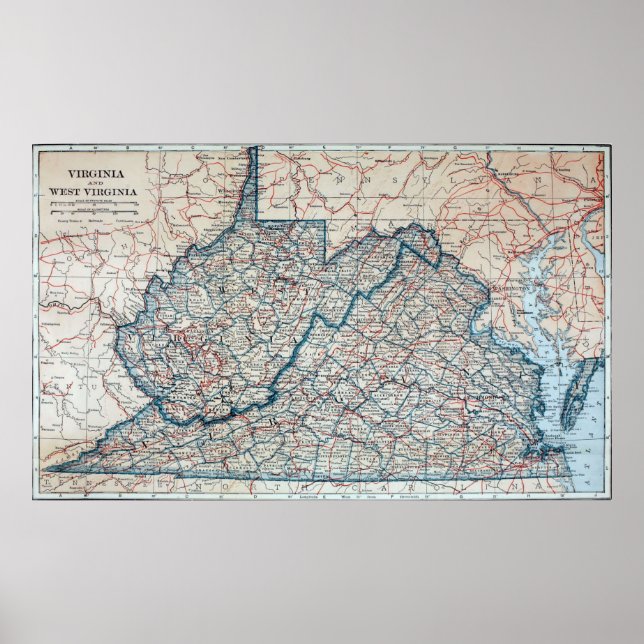 Póster Mapa Vintage da Virgínia Ocidental (1921) (Frente)