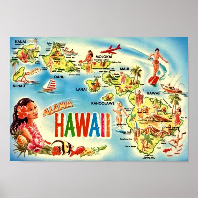 Poster Mapa Vintage das Ilhas Havaianas (Frente)