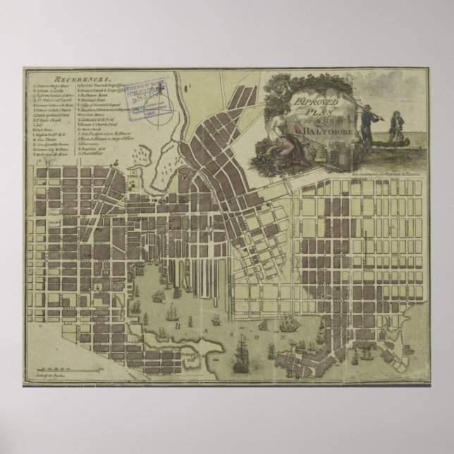 Póster Mapa Vintage de Baltimore Maryland (1805) (Frente)