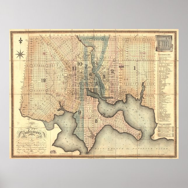 Póster Mapa Vintage de Baltimore Maryland (1822) (Frente)
