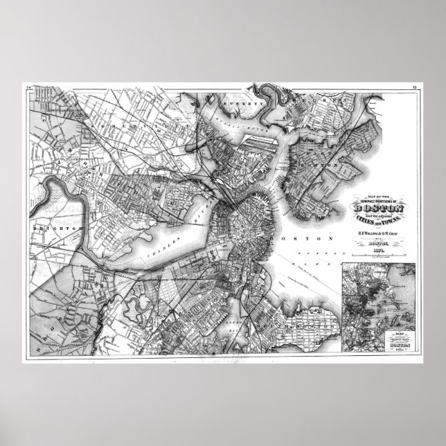 Poster Mapa Vintage de Boston Massachusetts (1871) BW (Frente)