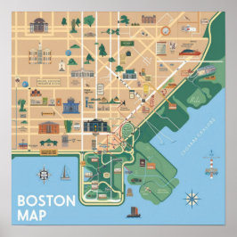 Poster Mapa Vintage de Boston Massachusetts, Mapa do Bost