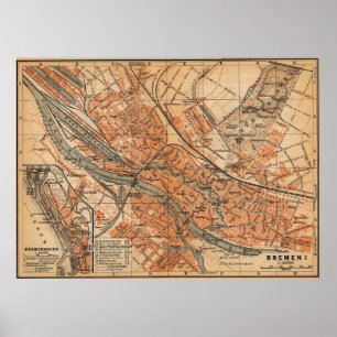 Póster Mapa Vintage de Bremen Alemanha (1910)