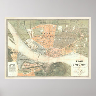 Poster Mapa Vintage de Budapeste na Hungria (1850)