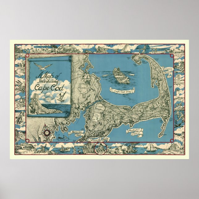 Poster Mapa Vintage de Cape Cod, Massachusetts (Frente)