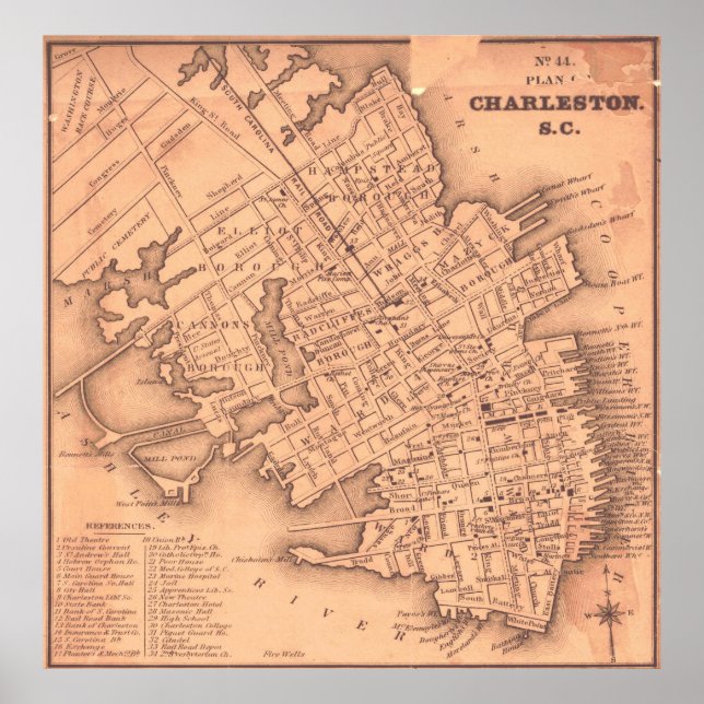 Poster Mapa Vintage de Charleston na Carolina do Sul (184 (Frente)