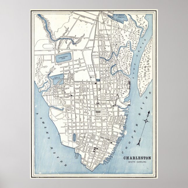 Poster Mapa Vintage de Charleston na Carolina do Sul (189 (Frente)