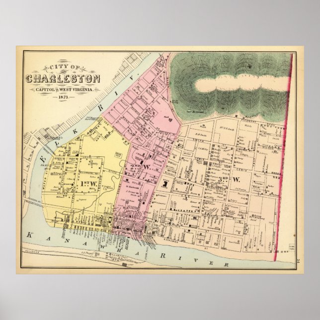 Poster Mapa Vintage de Charleston West Virginia (1873) (Frente)