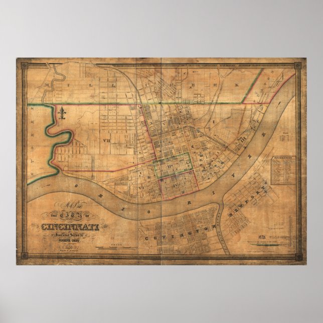 Poster Mapa Vintage de Cincinnati Ohio (1838) (Frente)