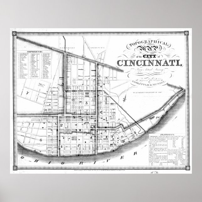 Póster Mapa Vintage de Cincinnati Ohio (1841) BW (Frente)