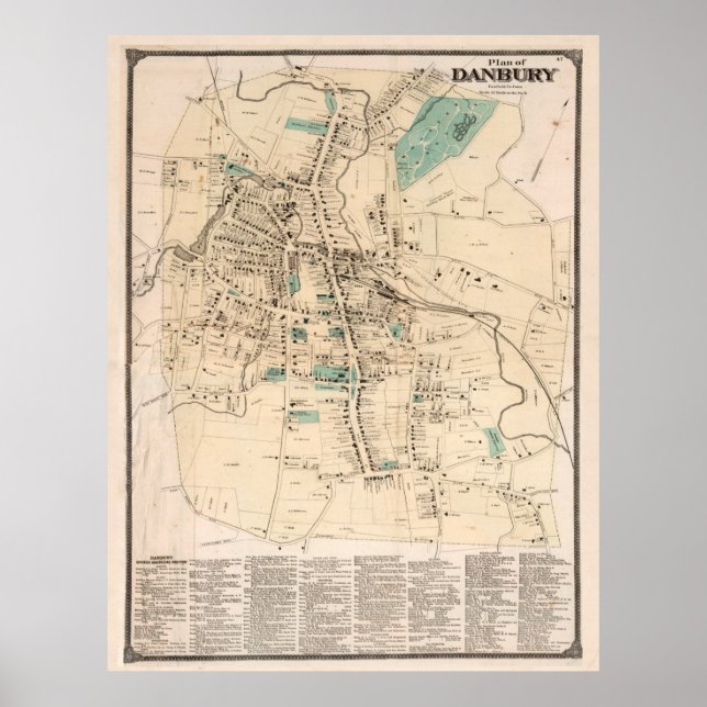 Poster Mapa Vintage de Danbury Connecticut (1867) (Frente)