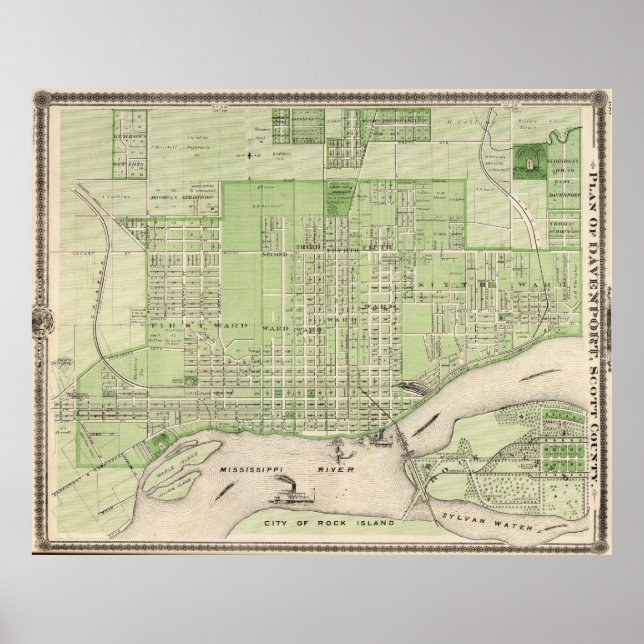 Poster Mapa Vintage de Davenport Iowa (1875) (Frente)