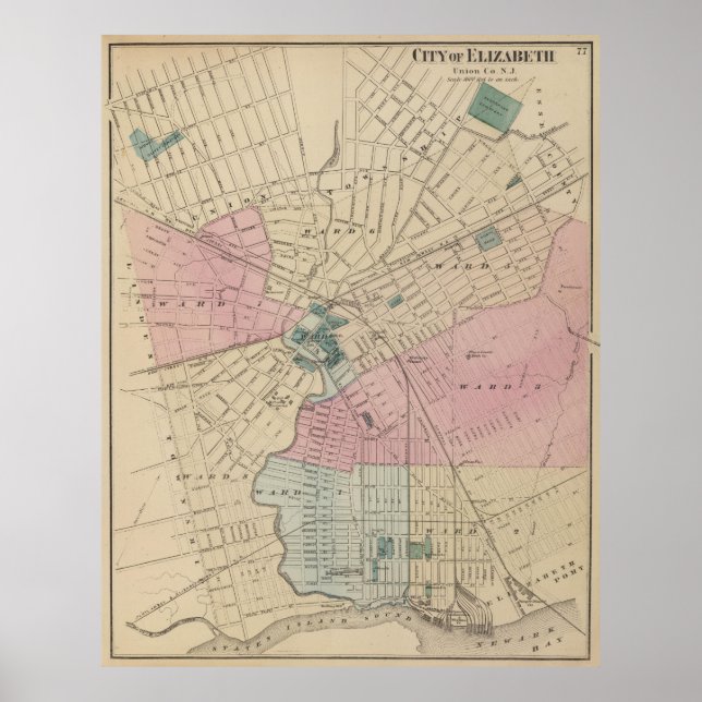 Poster Mapa Vintage de Elizabeth New Jersey (1872) (Frente)