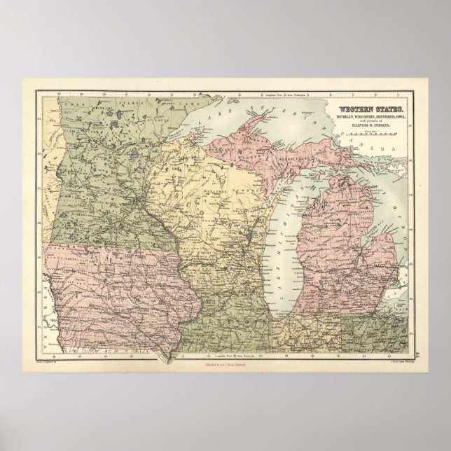 Póster Mapa Vintage de Estados Ocidentais Médios, 1837. (Frente)